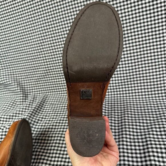 Frye Kelly Belted Buckle Cognac Brown Red Leather Heeled Boots Womens Size 9 - Picture 7 of 8